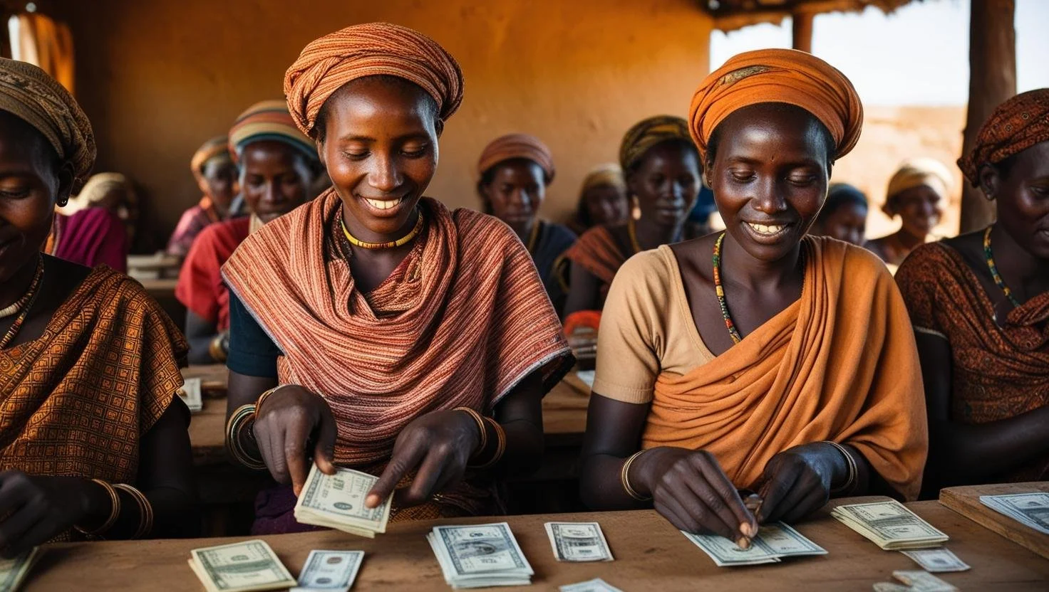 Women dressed in traditional African clothing, with headscarves, counting and organizing stacks of U.S. dollar bills at a wooden table.