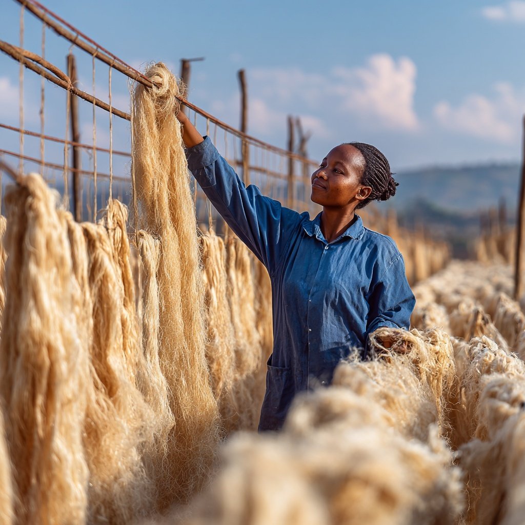A woman in a blue jacket is standing among rows of woolly sheep with fiber hanging from a horizontal rack, outdoors on a farm with a clear sky and distant hills.