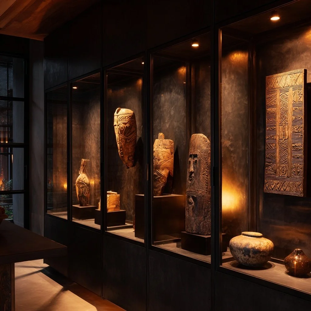 African tribal artifacts including carved wooden masks, vases, and wooden panels displayed in a museum showcase with warm lighting.