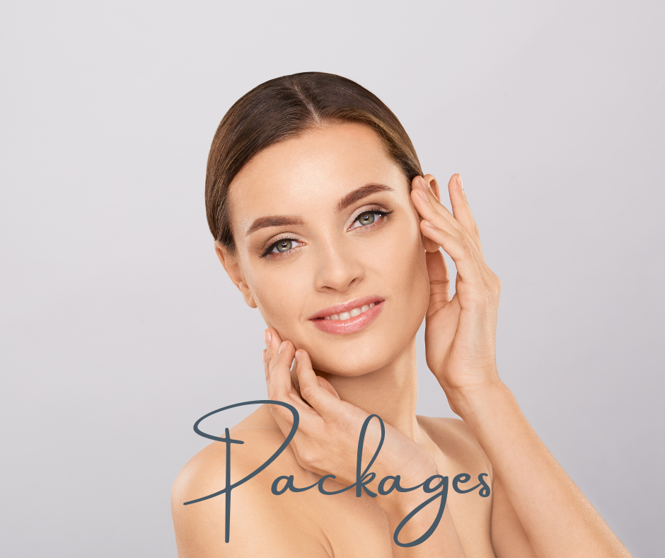 A woman with smooth skin and brown hair posing with her hands near her face, smiling softly against a plain light background, with the word 'Packages' written in stylish script at the bottom.