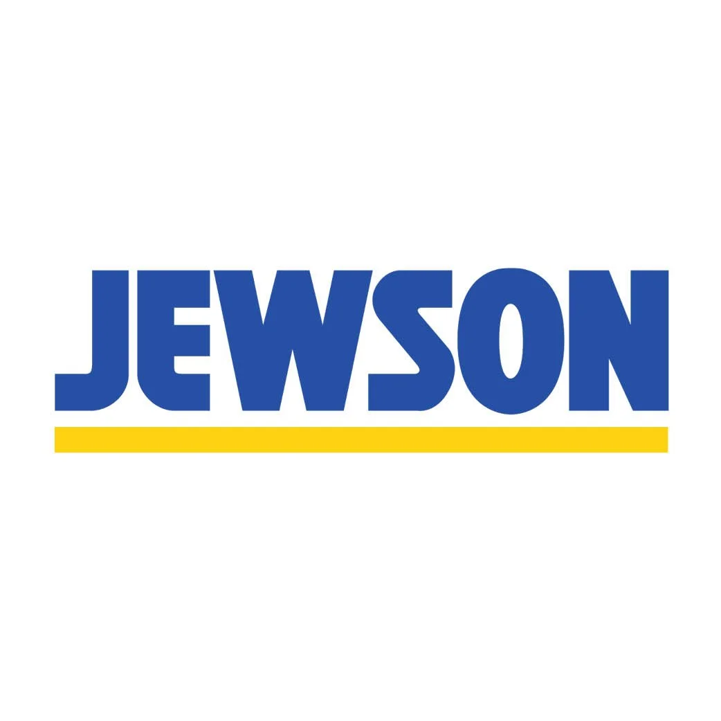 The logo for Jewson, a building materials supplier, featuring the company name in bold blue letters with a yellow underline.
