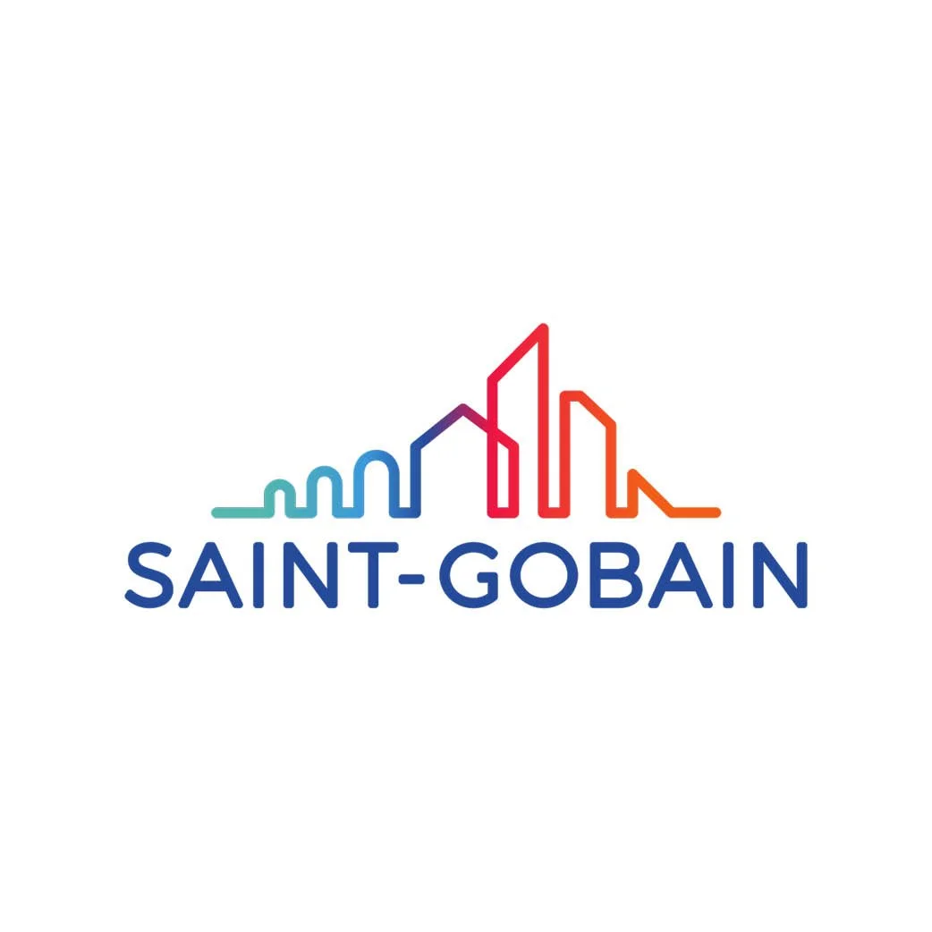 Minimalist line art of a city skyline in gradient colors from blue to red above the text 'SAINT-GOBAIN' in blue
