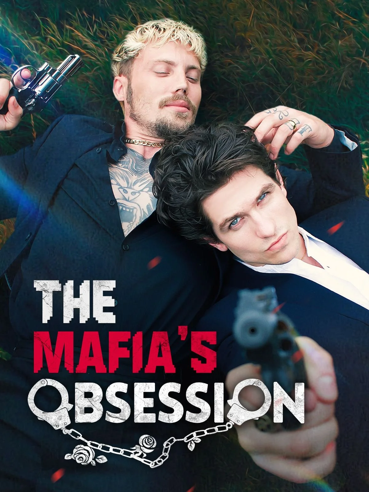 Two men lying on grass, one holding a gun and aiming it at the camera, with a title that reads "The Mafia's Obsession" in bold letters.