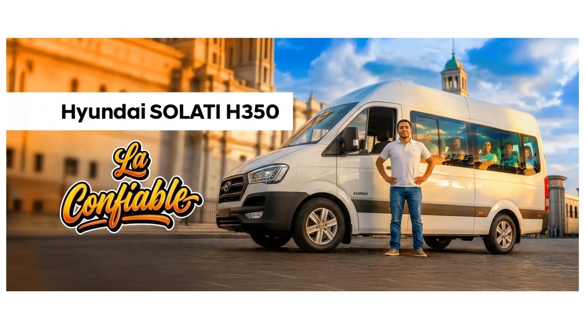 Una camioneta blanca Hyundai SOLATI H350 estacionada en una plaza urbana, con un hombre de pie frente a ella y varias personas en el interior, bajo un cielo partly nublado.