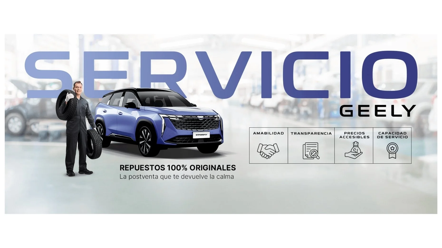 Servicio de repuestos originales para carros Geely, con un hombre sosteniendo neumáticos y un auto azul en un taller.