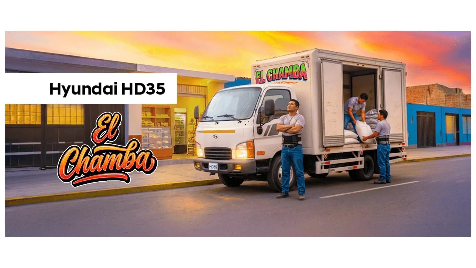 Camión de carga de la marca Hyundai estacionado en la calle con tres personas cargando o descargando sacos, al atardecer en un entorno urbano con edificios coloridos.