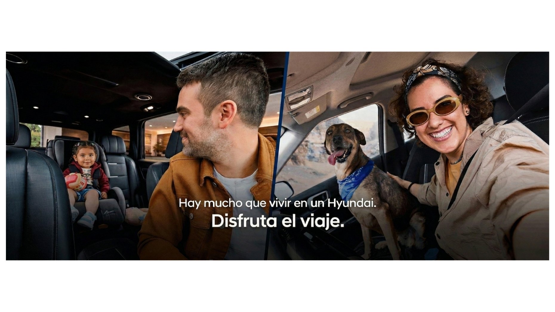 Una familia viajando en un Hyundai, con una niña en la parte trasera sonriendo y una mujer con gafas y su perro en el asiento del conductor, disfrutando del viaje.