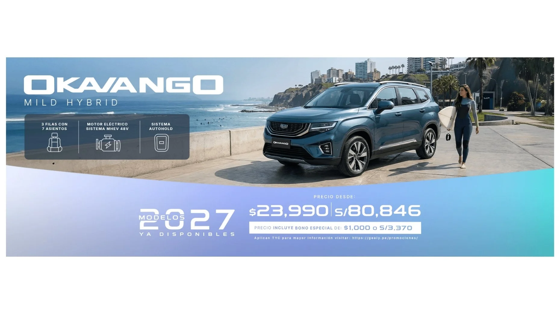 Publicidad de coche SUV azul de la marca Okavango en un paseo junto a la playa, con información de precio desde 23,990 soles y características del vehículo