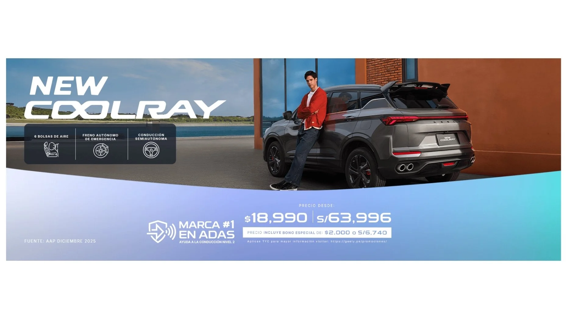 Publicidad de un nuevo vehículo marca Coolray, con un joven de cabello oscuro y ropa casual apoyado contra el coche. Texto promocional en español destacando funciones como bolsas de aire, freno autónomo de emergencia y conducción semiautónoma, además