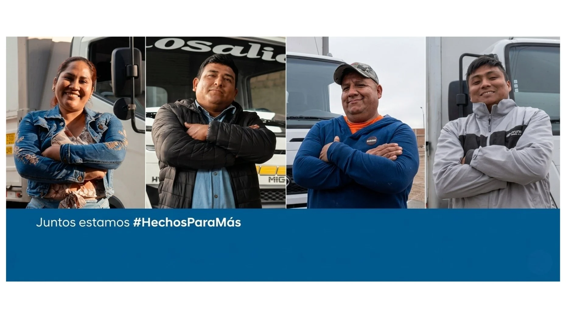Cuatro personas de diferentes antecedentes de pie frente a vehículos, con brazos cruzados, sonriendo. Texto debajo: "Juntos estamos #HechosParaMás".