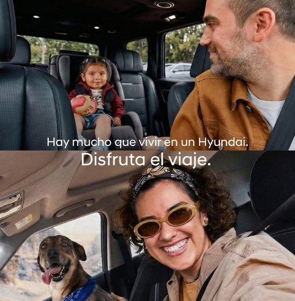 Un hombre en el asiento del conductor con una niña en una silla de auto en la parte trasera del vehículo. En la parte inferior, una mujer con gafas y un perro de raza pastor en la parte del copiloto. Texto en la imagen dice: 'Hay mucho que vivir en u