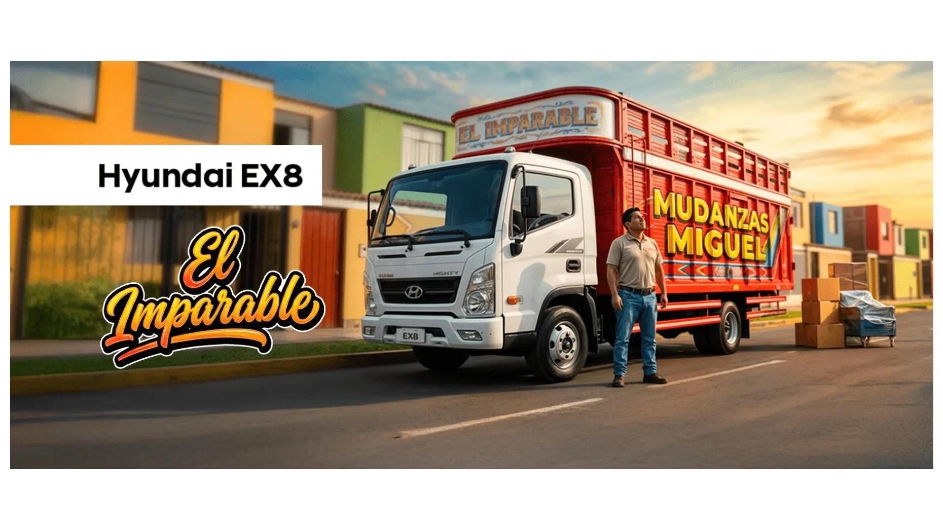 Camión de mudanzas Hyundai EX8 en una calle con un hombre de pie junto a él, cajas y un carrito de mudanza, edificios coloridos en el fondo, durante el atardecer.