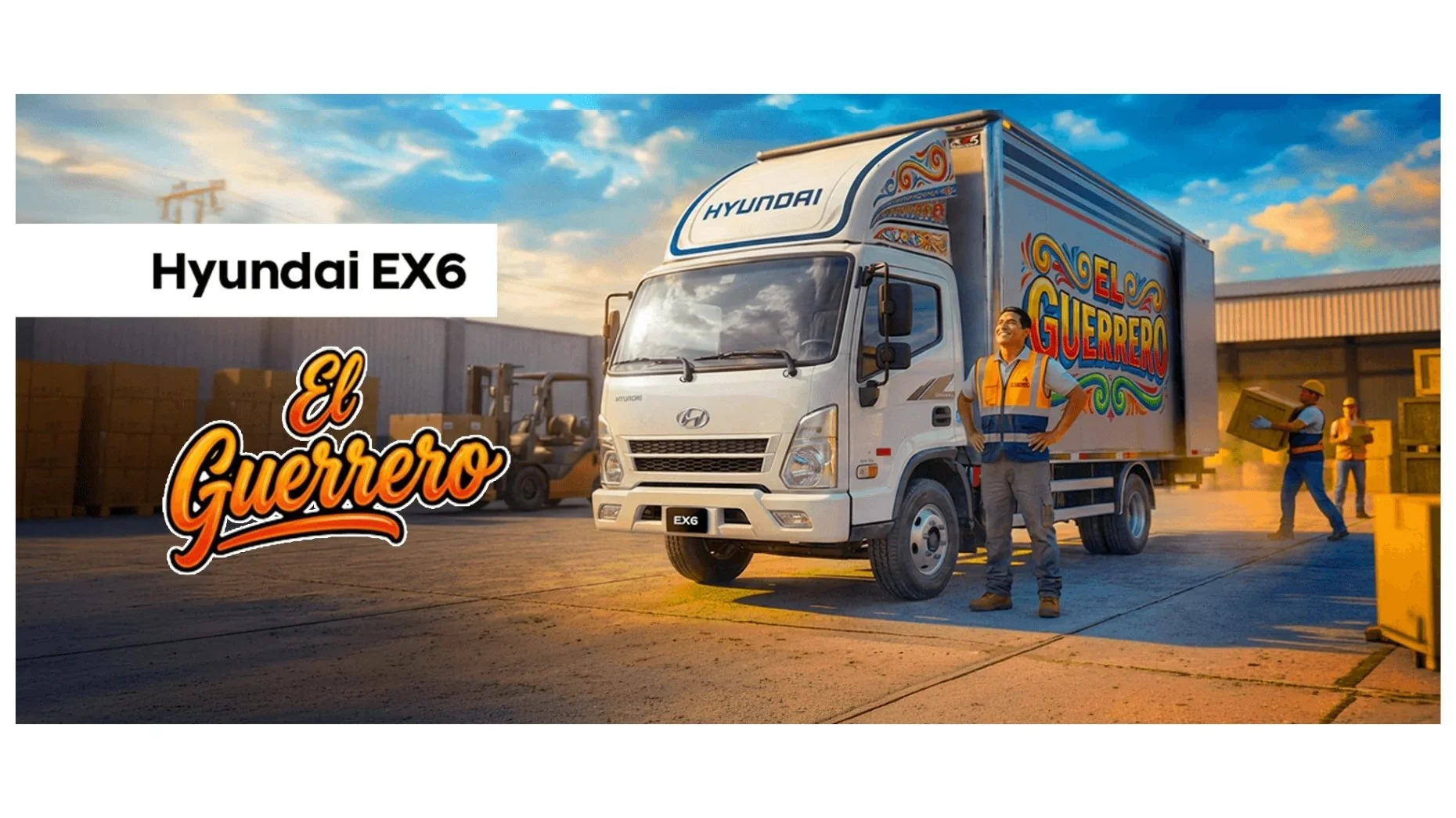 Camión de la marca Hyundai con el logo de El Guerrero en la caja, en un patio de carga con trabajadores descargando cajas, durante el atardecer.