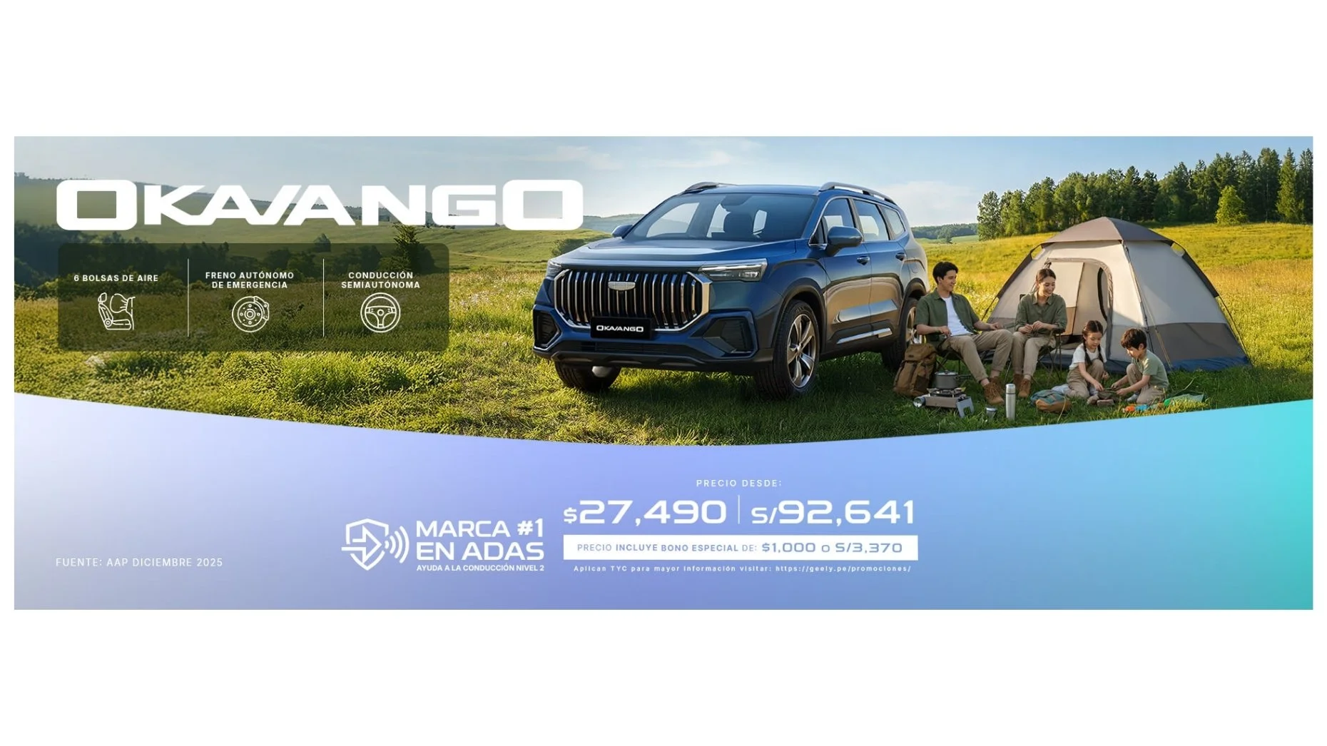 Publicidad de un automóvil SUV azul llamado OKAANGO en un entorno de campo con una tienda de campaña y personas acampando; destaca las características de la camioneta y sus precios desde 27,490 dólares o 92,641 soles, con información adicional sobre 