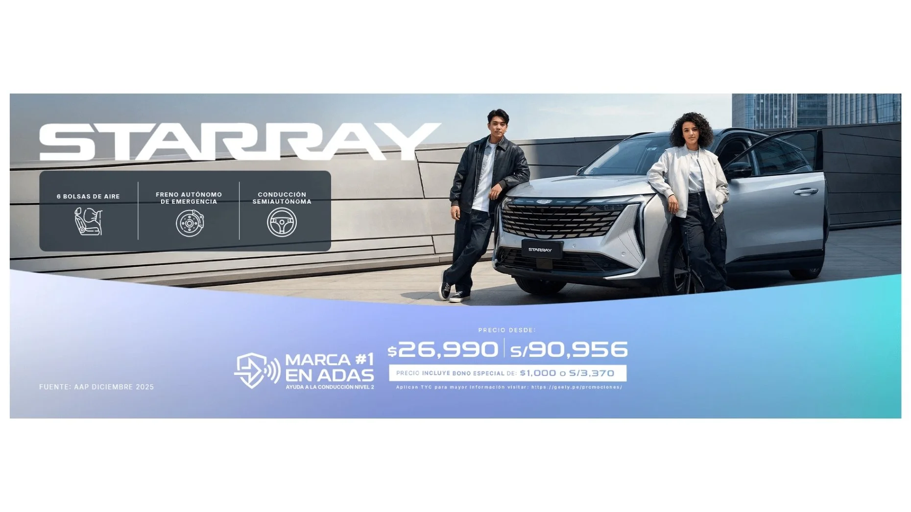 Publicidad del coche eléctrico Starrray, con modelos masculinos y femeninos posando junto al vehículo en un entorno urbano moderno, resaltando características como 6 bolsas de aire, freno autónomo de emergencia y conducción semiautónoma, con precios 