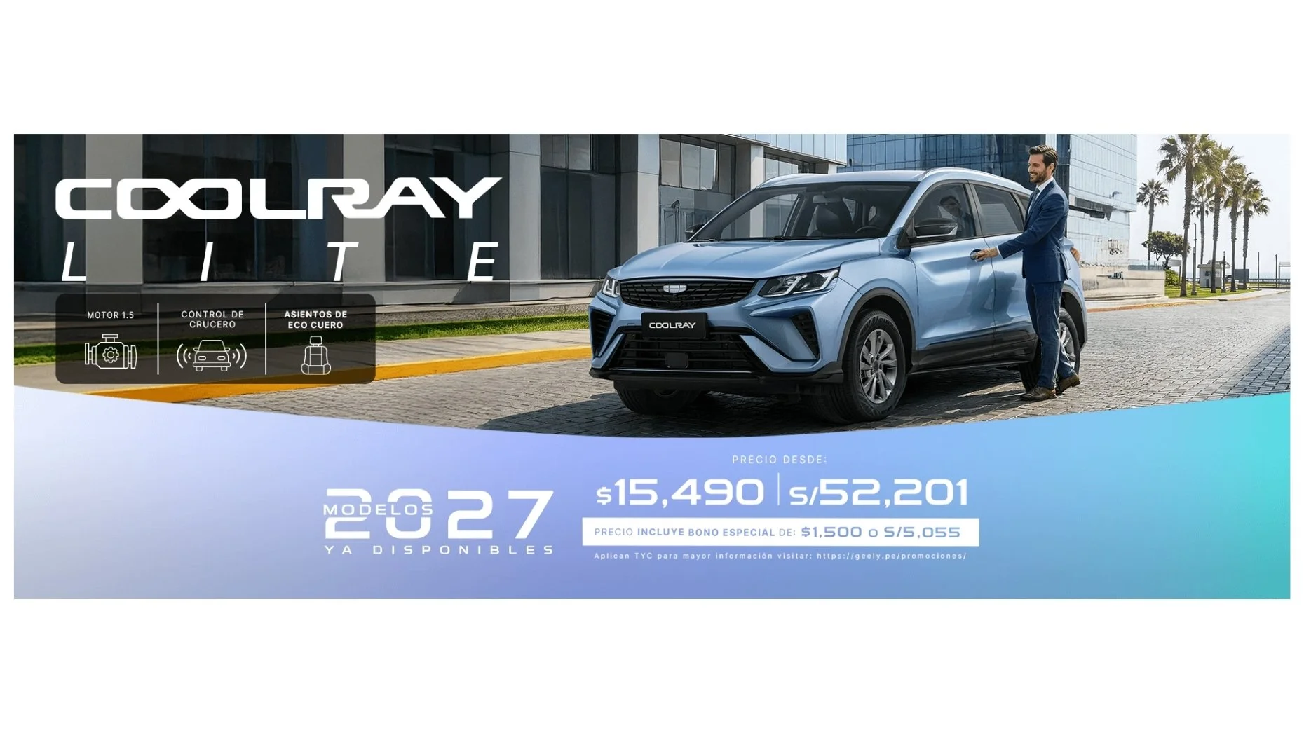 Anuncio de coche eléctrico COOLRAY, modelo 27, en color azul, en un entorno urbano con edificios modernos y palmeras. Incluye información de precio, características y promoción.