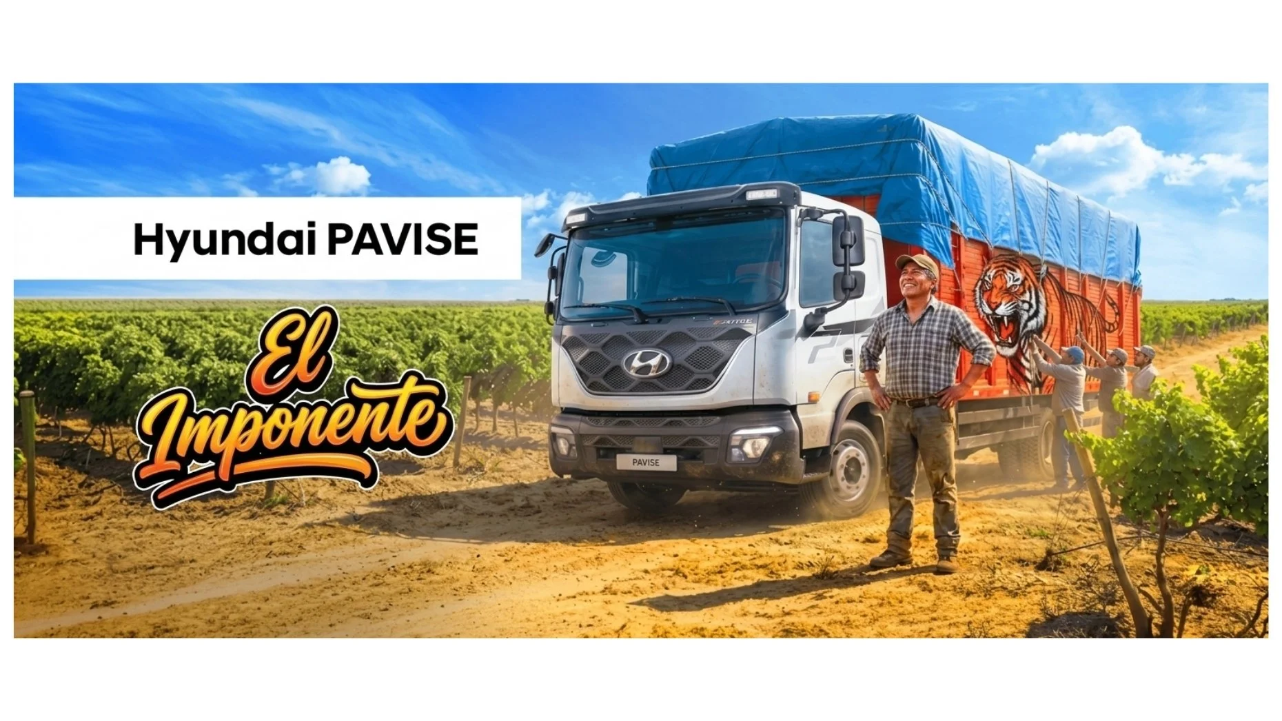 Camión de Hyundai PAVISE decorado con un tigre, en un viñedo, con varios trabajadores y un hombre en primer plano Sonriendo.