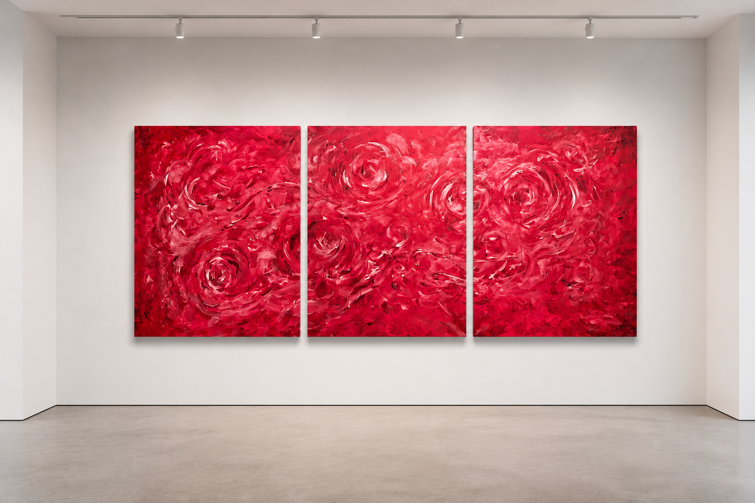 Abstract red triptych in modern gallery.png