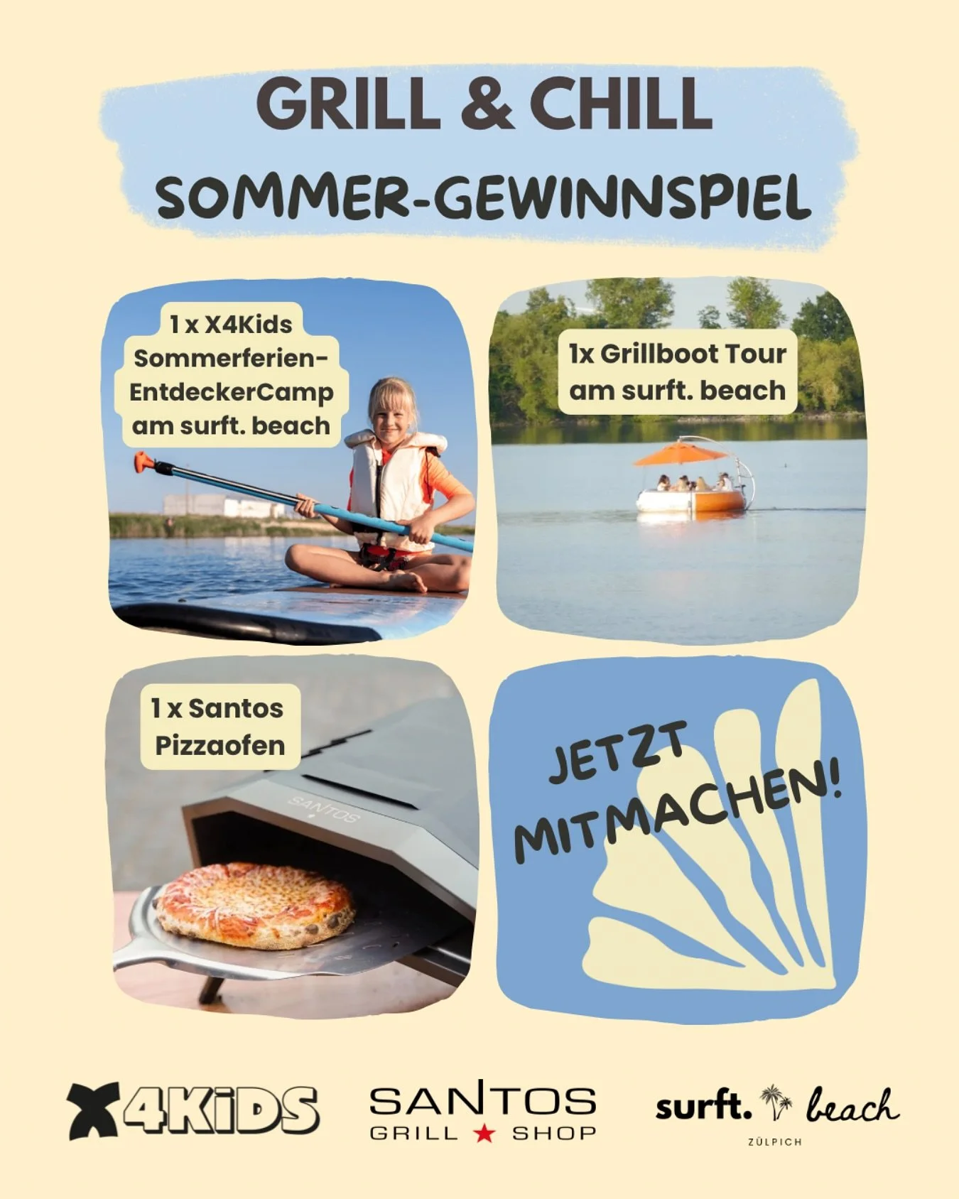 🌊GEWINNSPIEL &ndash; GRILL &amp; CHILL f&uuml;r Gro&szlig; &amp; Klein ☀️

Der Sommer steht vor der T&uuml;r &ndash; und wir machen ihn f&uuml;r euch legend&auml;r! 🌴 Gemeinsam mit @santosgrills, @surftbeachzuelpich &amp; @x4kids.club  verlosen wir