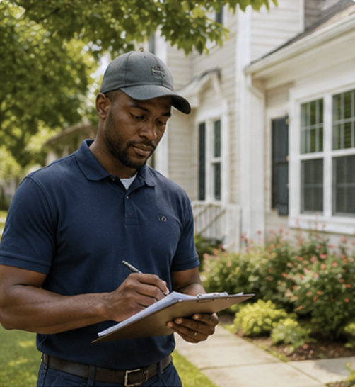 Checklist, clock, and home graphic showing move-in to maintenance support, representing full-service property management by Lourie Enterprise.”