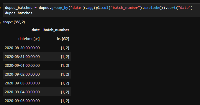 screenshot of Code to identify which batches each date is part of