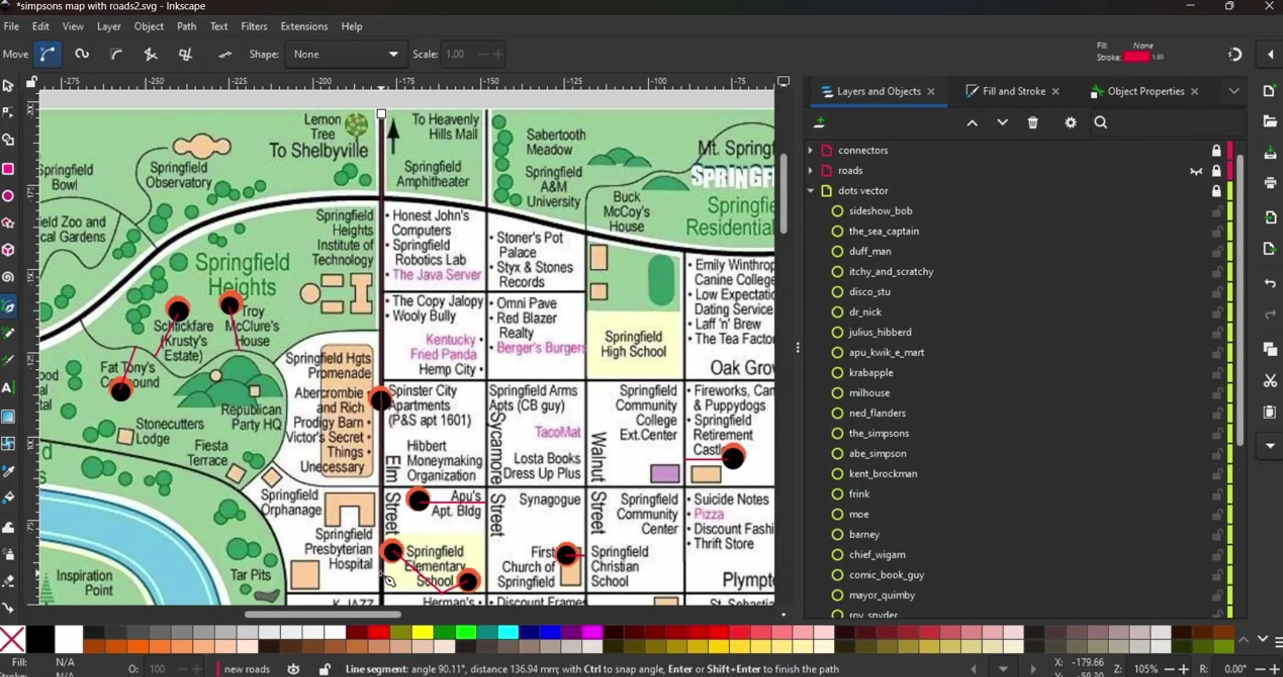 showing a screenshot of Inkscape to plot nodes and roads