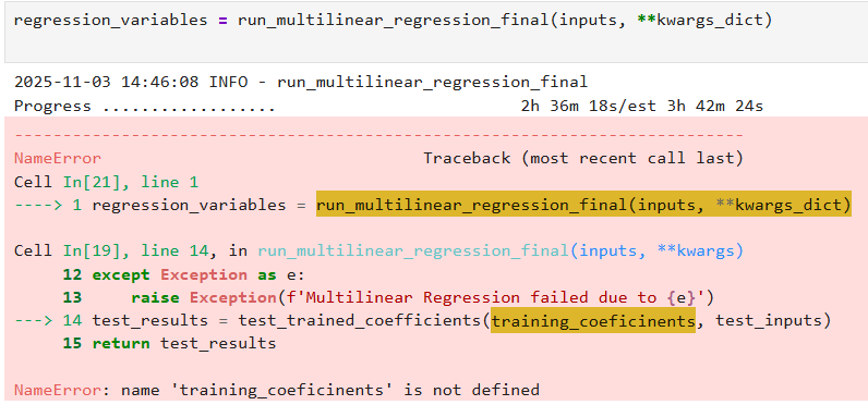 Screenshot of an error message from a Python script indicating that the function 'train_multilinear_regression_final' was called, but the variable 'training_coefficients' is not defined.