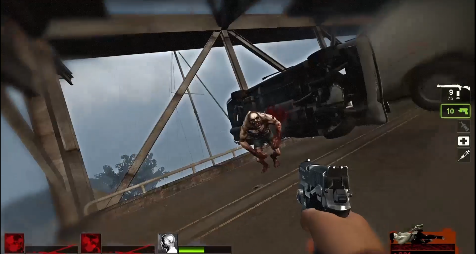 an image taken from the video game left for dead the sacrifice finale, a player pointing a gun at a zombie heading straight towards them