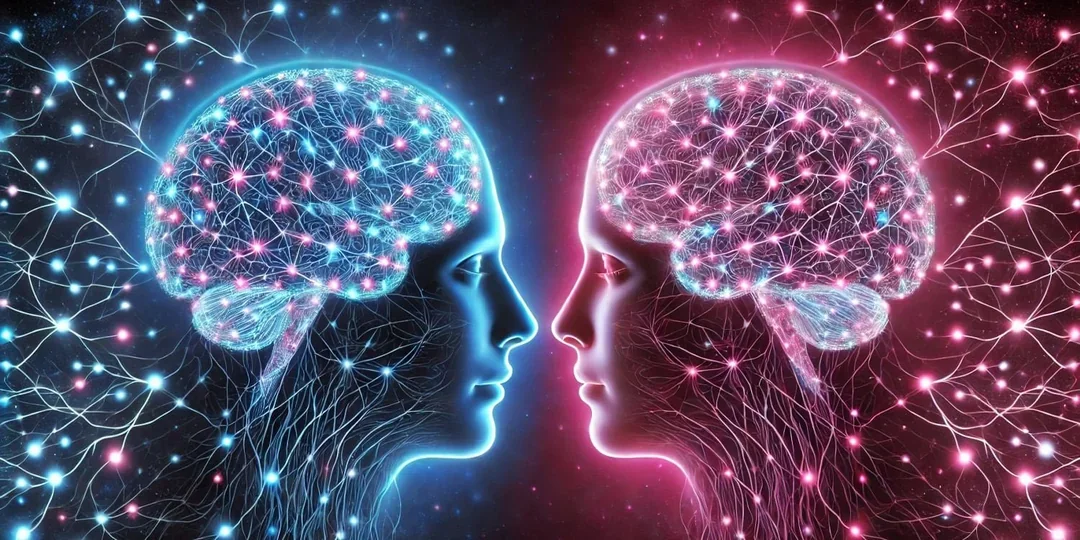Two people facing each other with glowing brain cells connected by bright neural lines, visualising the physiological synchrony theory where brains align during shared emotions