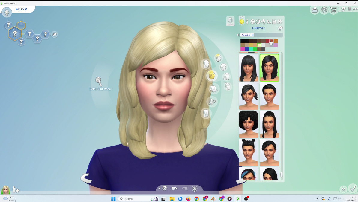 A character creation screen from The Sims, showing sliders and dropdown options for traits like hair colour, eye colour, height, and personality type