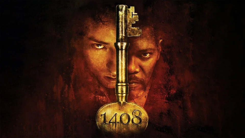 Poster for the horror film 1408, featuring half of John Cusack and Samuel L. Jackson faces behind a large key engraved with the number 1408.
