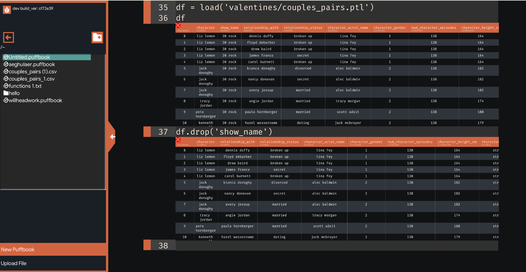 Screenshot of a computer screen displaying a data table and code related to a Valentine's Day couples dataset, with file names on the side menu.