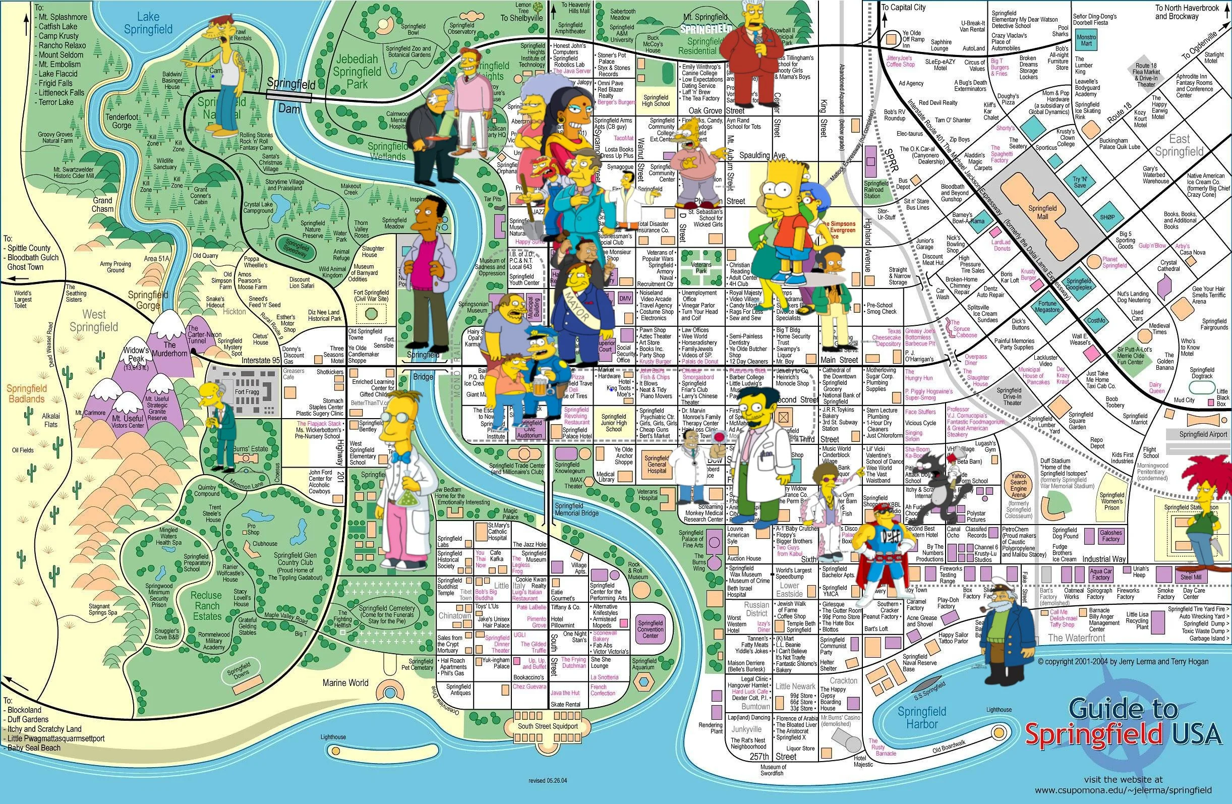 Map of Springfield showing characters plotted on the map of their locations