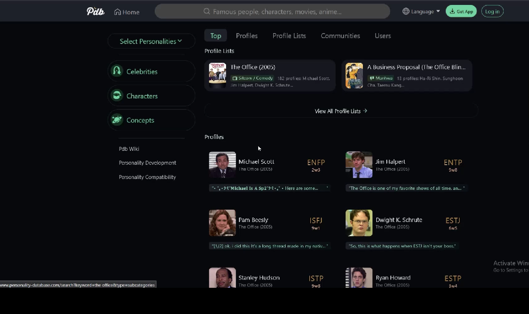 Fan-voted database assigning Myers–Briggs types to fictional characters.