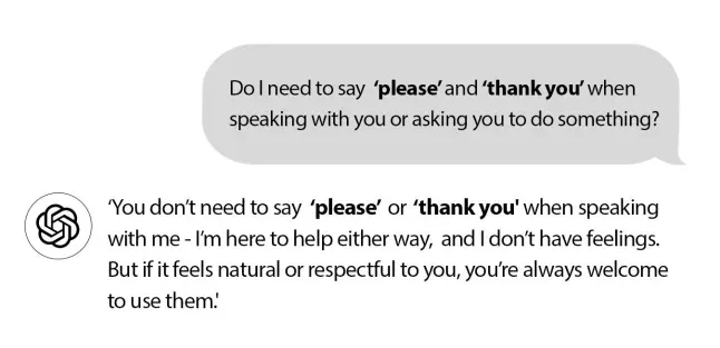 Person saying please and thank you to an AI, illustrating the public's anxiety about AI governance.