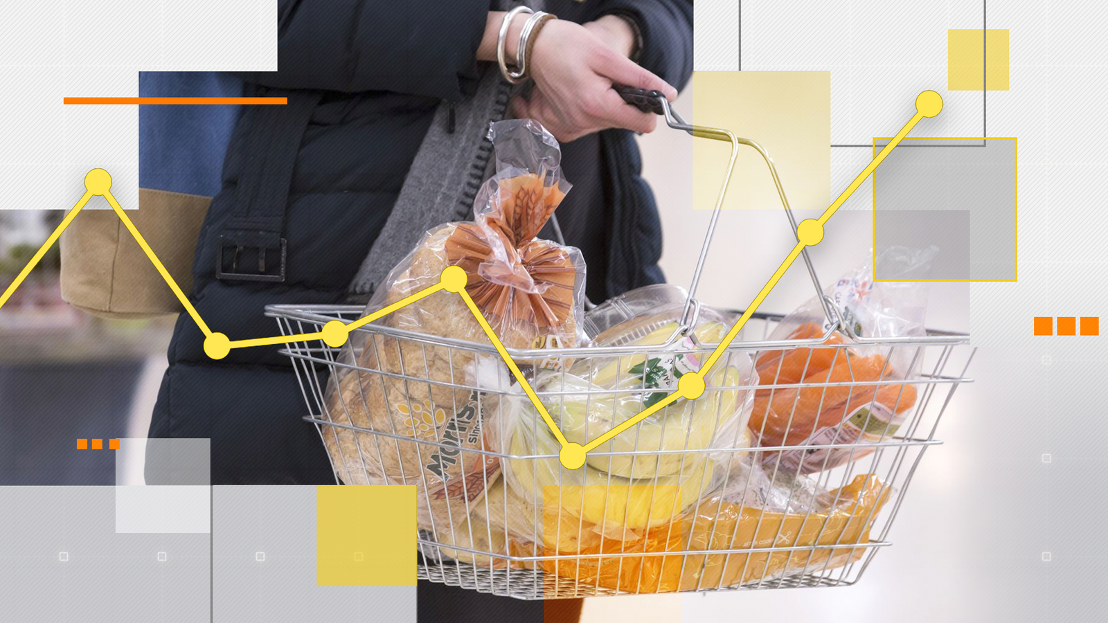 A basket of goods overlaid with data symbolising how price movements in everyday items form the basis of inflation measures like the CPI.