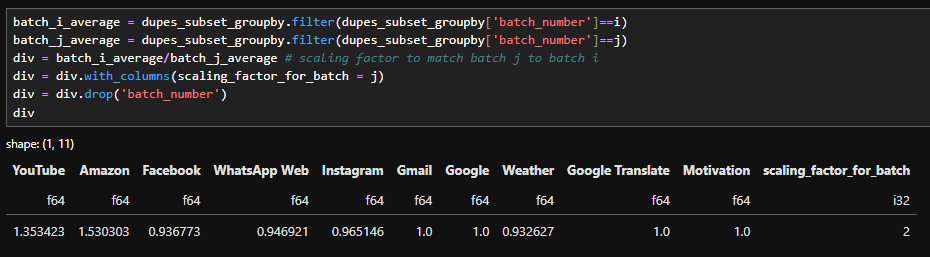 screenshot of Calculating the scaling factor between batch 1 and 2