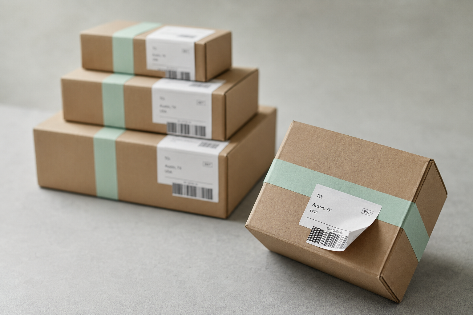 Minimalist cardboard boxes with shipping labels
