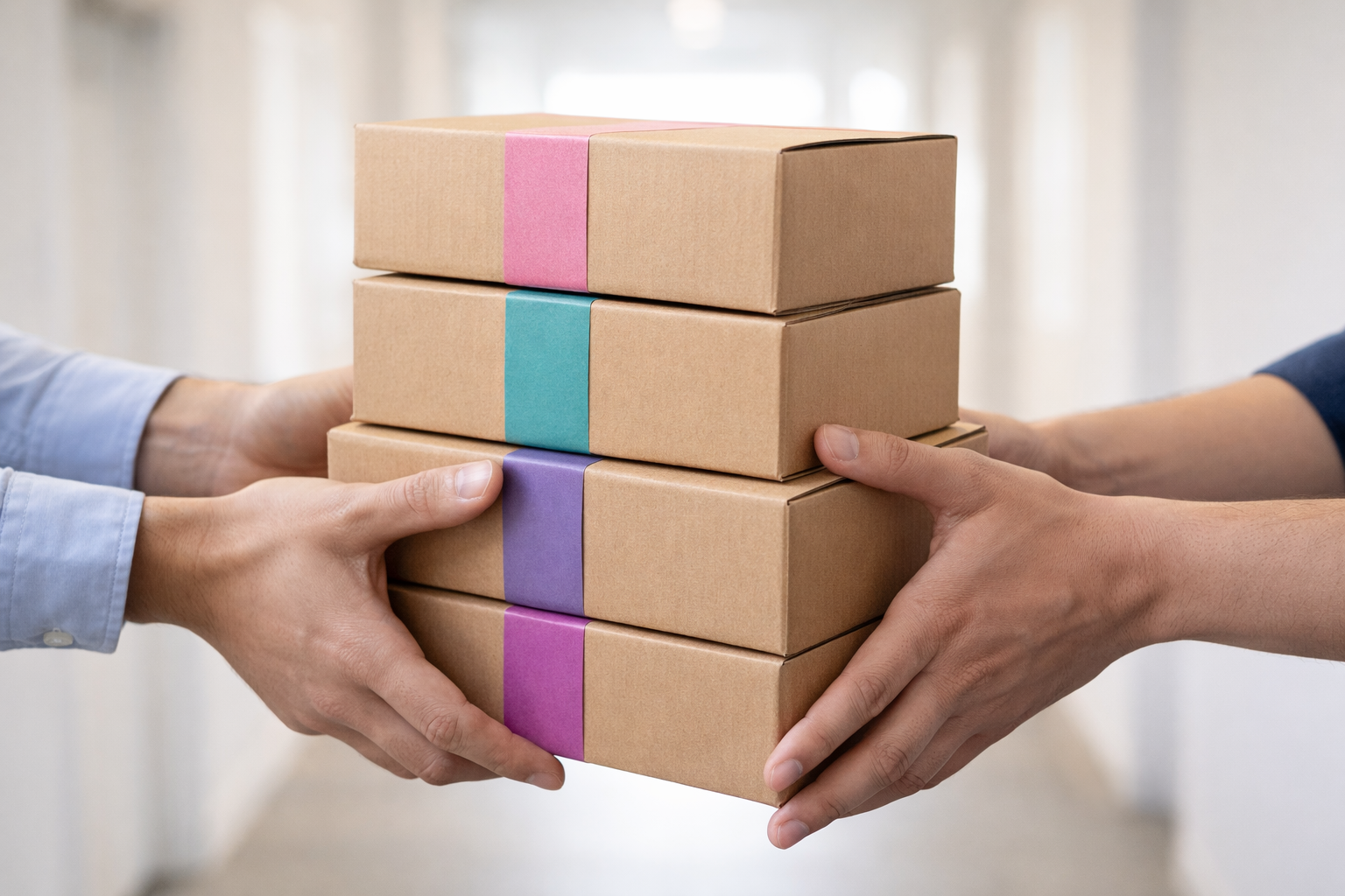 Exchanging parcels in a white corridor