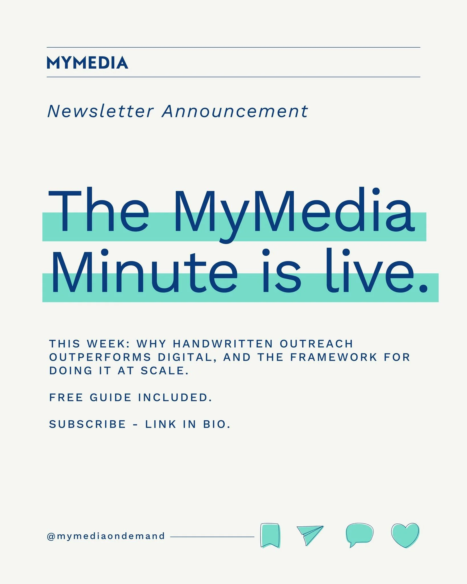 The MyMedia Minute is live.
This week: why handwritten outreach outperforms digital, and how to do it at scale.
Free guide included. Link in bio.

#HandwrittenMarketing #ABM #FieldMarketing #B2BMarketing #DemandGeneration #DirectMail #MarketingStrate