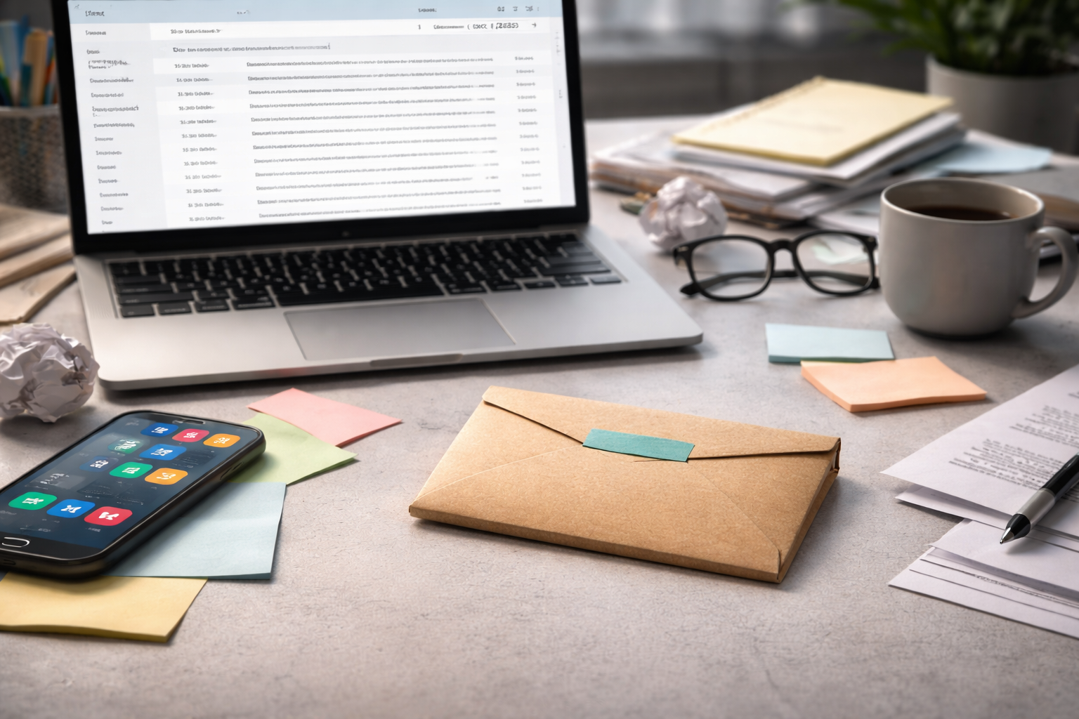 Overwhelmed desk with unread emails