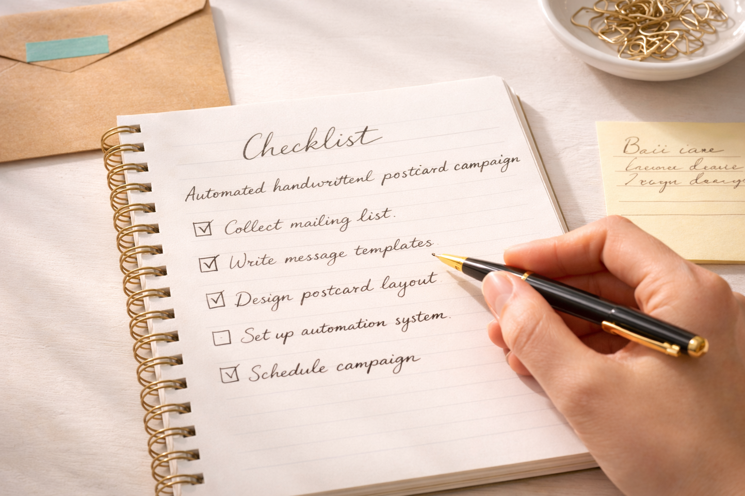 Handwritten checklist with fountain pen details