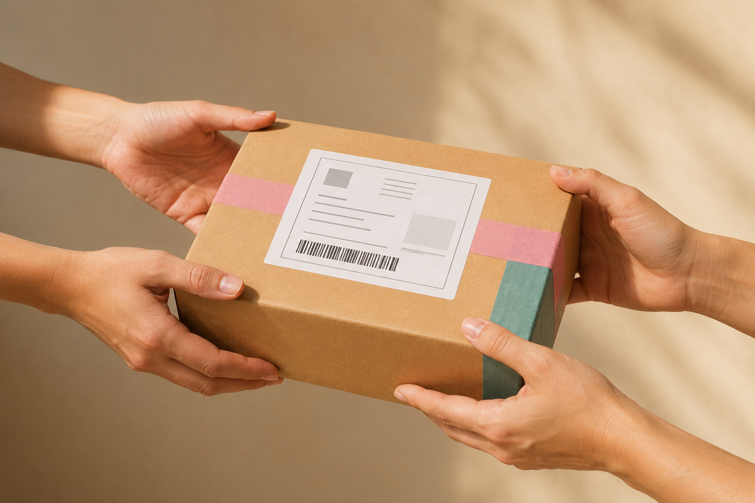 Hands exchanging a parcel with colorful tape