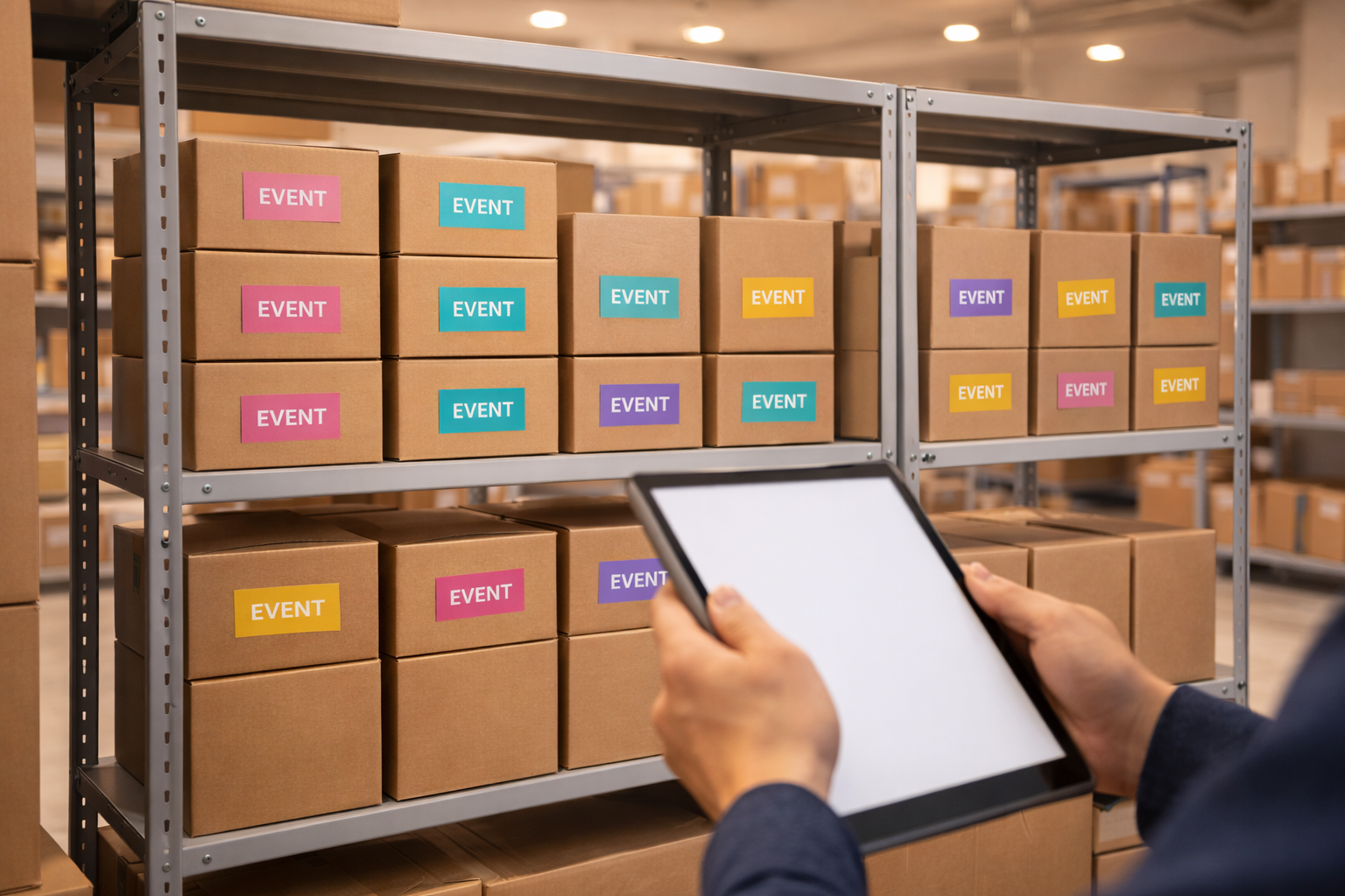 Organised warehouse with labelled boxes