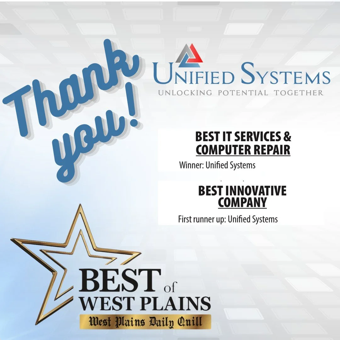 We&rsquo;re beyond grateful&mdash;Unified Systems has been named Winner for Best IT Services &amp; Computer Repair, and First Runner Up for Best Innovative Company in the Best of West Plains!

Thank you to everyone who took the time to vote for us an