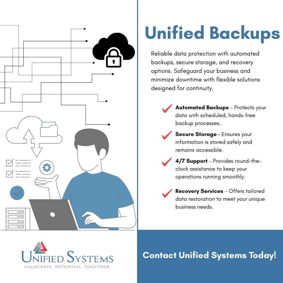 💻 Protect your business with Unified Backup Services! From automated backups to secure storage and flexible recovery options, we&rsquo;ve got you covered. Don&rsquo;t let unexpected events disrupt your operations&mdash;stay prepared and keep your da