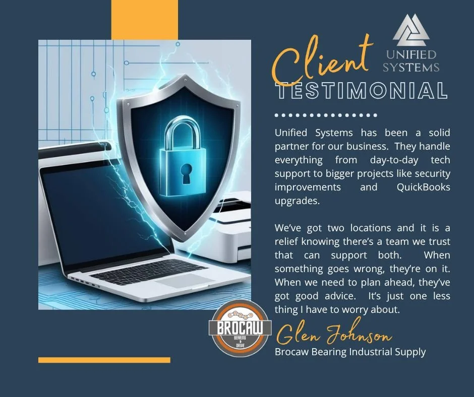 ⚠️Don't let a computer crash💻, QuickBooks glitch, or security breach ⛔ slow down or stop your business️!

📲Call Unified Systems today to check out our monthly plans designed specifically to meet your business's support needs.