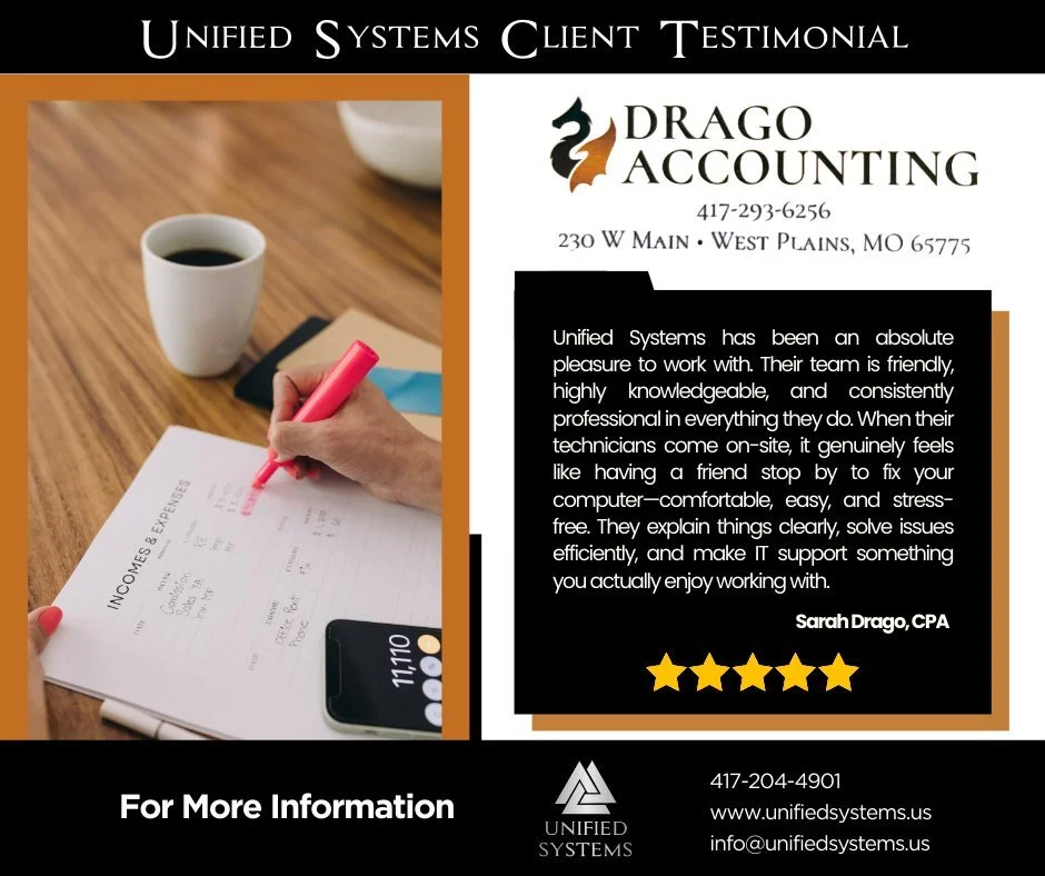 Unified Systems would like to welcome Drago Accounting as our newest client.  Sarah is a licensed CPA who can assist with tax planning, bookkeeping, financial advice, and much more.  Contact her to set up a time to discuss your tax needs.

 #Business