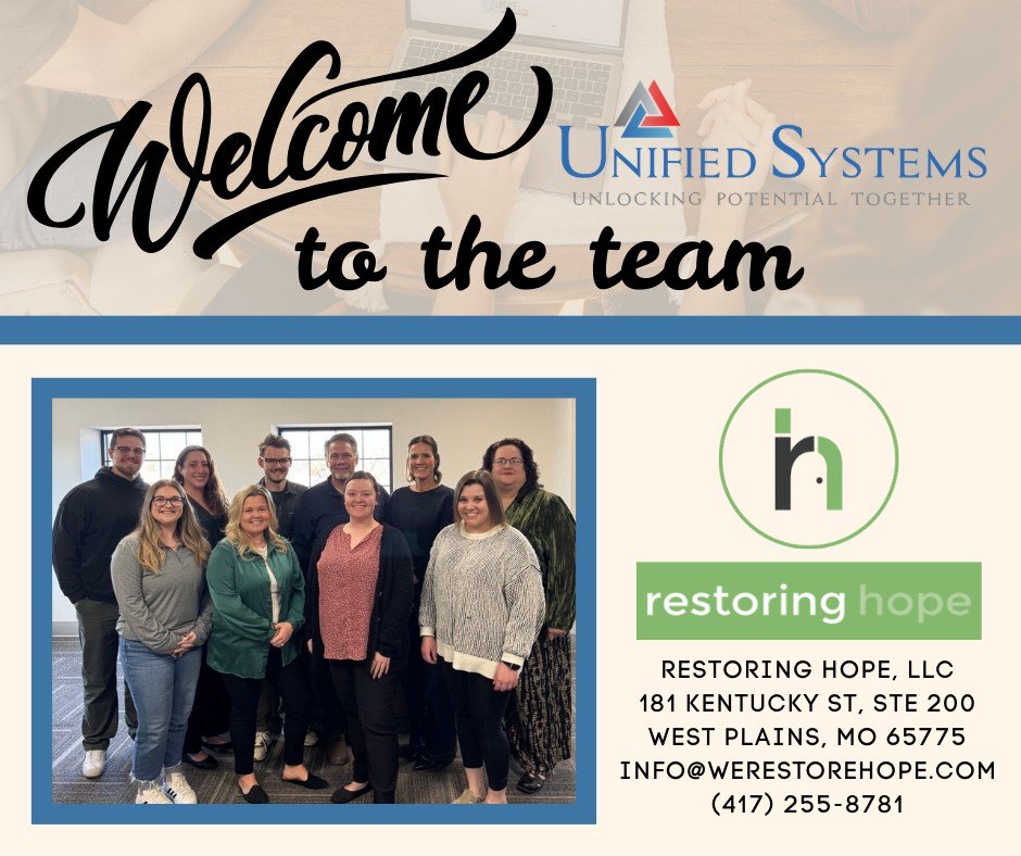 We are proud to welcome Restoring Hope LLC to the Unified Systems team!

Restoring Hope's mission is to support individuals with disabilities by encouraging and assisting them to accomplish health and fitness goals, valued personal goals, and a sense