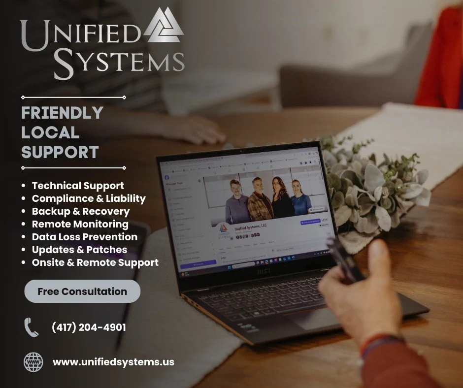Local people. Real support. Less tech stress.
 
Unified Systems is here to keep your business protected, updated, and running smoothly without the confusing tech talk.
 
We have solutions for every budget.

Free consultations available.

 #westplains